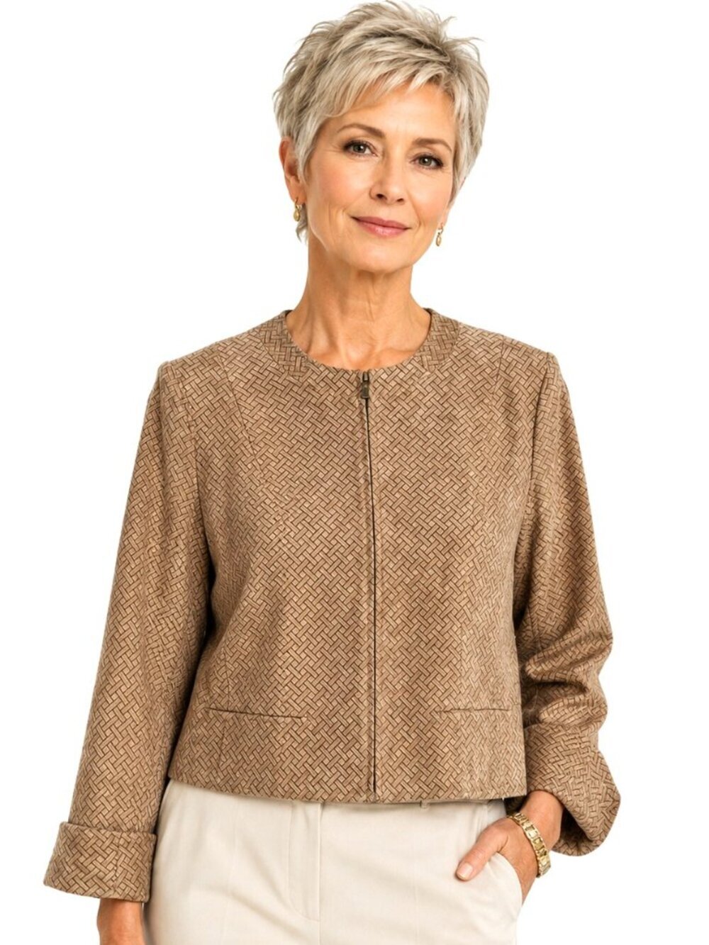Anne Klein Tan Grey Print Suede Leather Full Zip Jacket